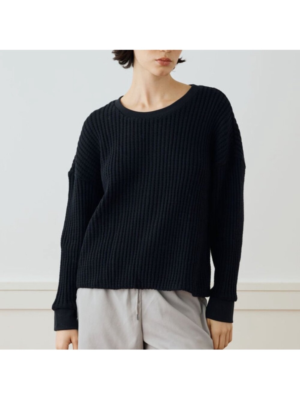 James Perse Black Ribbed Scoop Crew Sweater